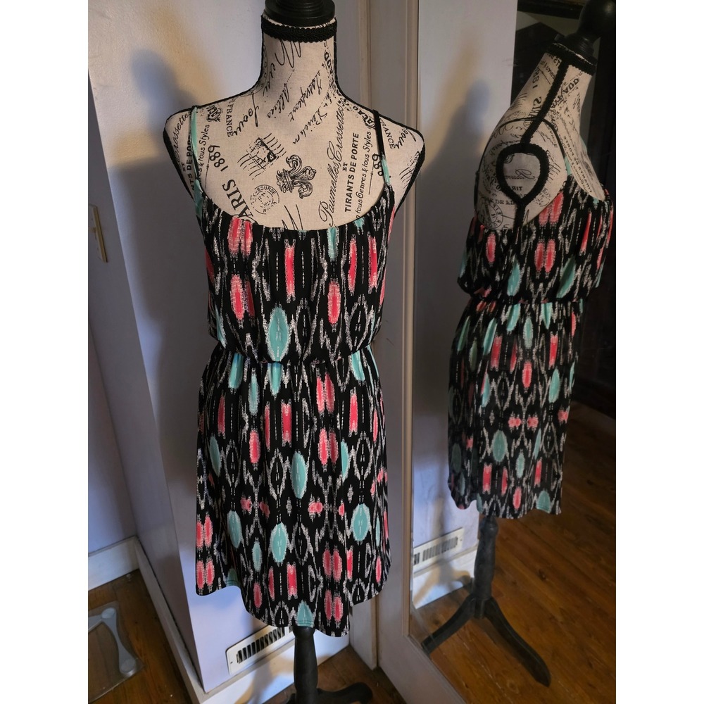Maurices Womens Small Black Pink Mint‎ Ikat Print Spaghetti Strap Mini Dress
